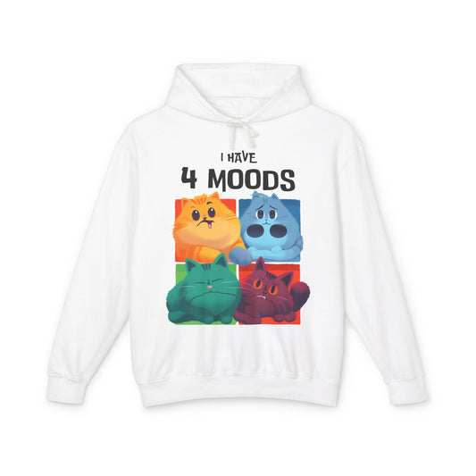 Unisex Lightweight Hooded Sweatshirt - "I Have 4 Moods" Cat Design - Perfect for Cat Lovers & Casual Wear