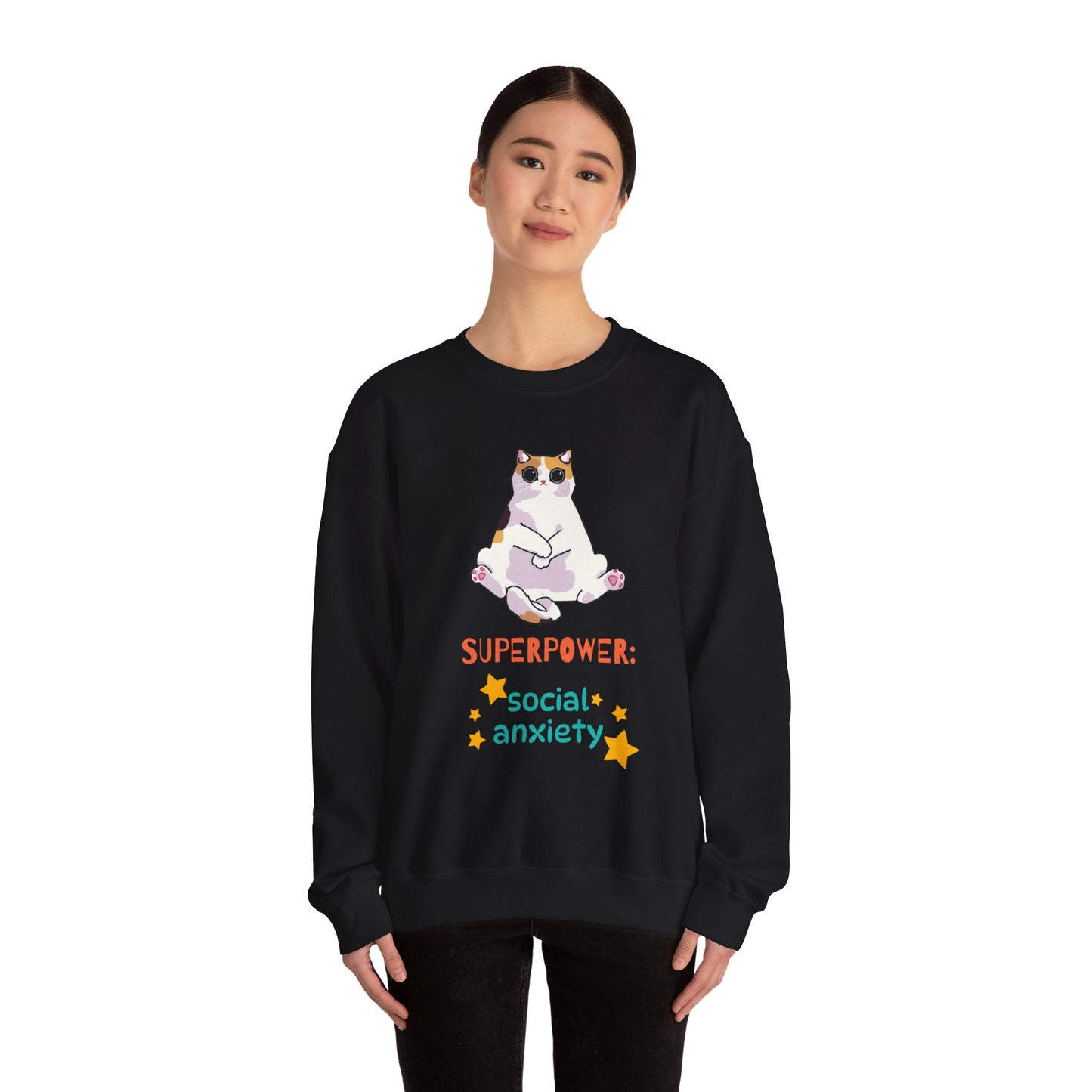 Funny Cat Sweatshirt - "Superpower: Social Anxiety" Unisex Crewneck