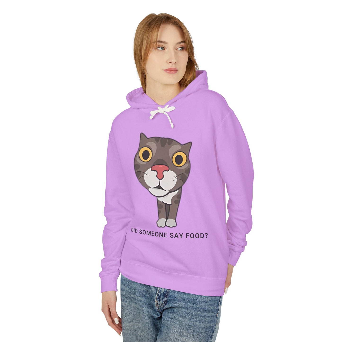 Funny Cat Hoodie - "Did Someone Say Food?" Unisex Lightweight Sweatshirt