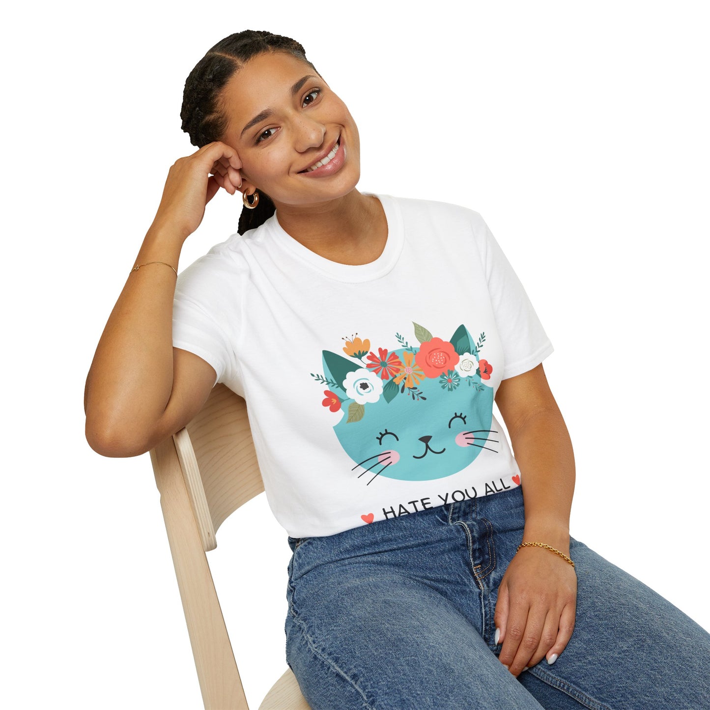 Floral Cat Graphic T-Shirt - 'Hate You All' Cute Unisex Tee