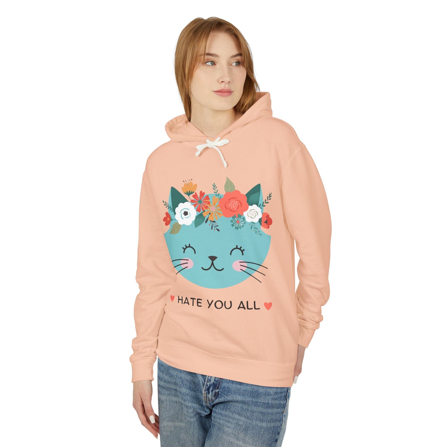 Cute Cat Floral Design Unisex Lightweight Hoodie - "Hate You All"