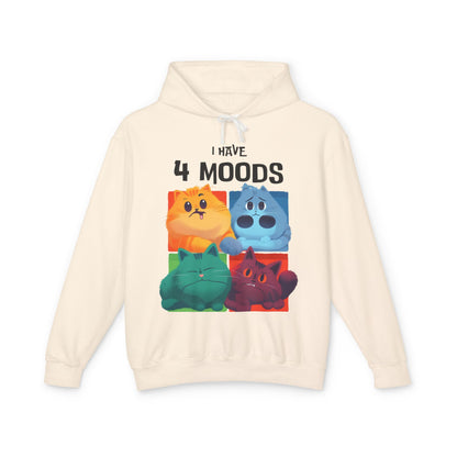 Unisex Lightweight Hooded Sweatshirt - "I Have 4 Moods" Cat Design - Perfect for Cat Lovers & Casual Wear