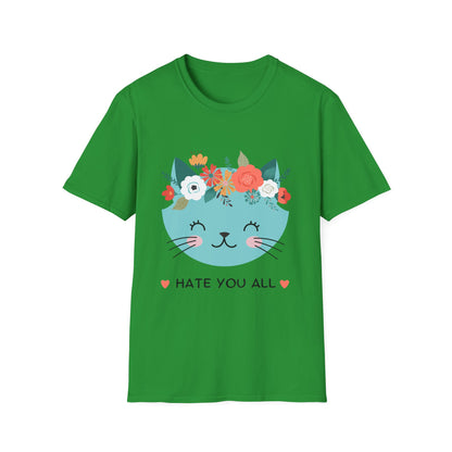 Floral Cat Graphic T-Shirt - 'Hate You All' Cute Unisex Tee