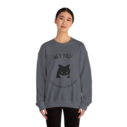 Funny Cat Crewneck Sweatshirt - 'Hey You! I Know What You Did'