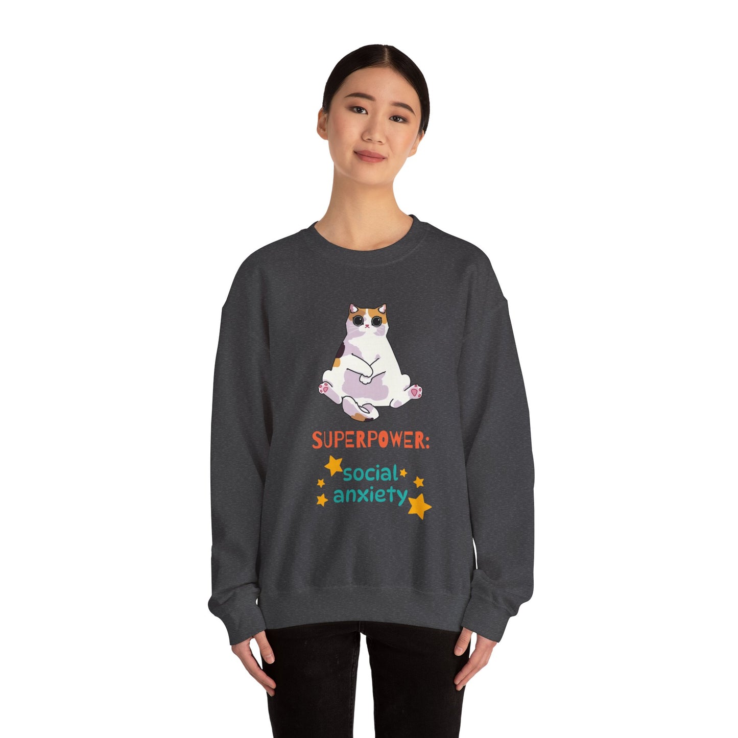 Funny Cat Sweatshirt - "Superpower: Social Anxiety" Unisex Crewneck