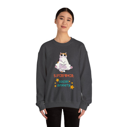 Funny Cat Sweatshirt - "Superpower: Social Anxiety" Unisex Crewneck