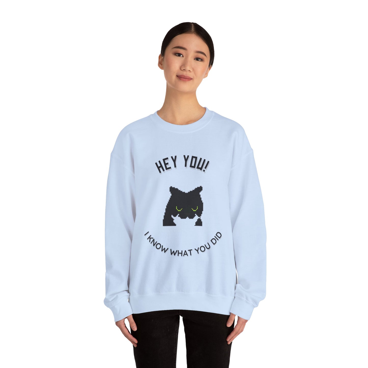 Funny Cat Crewneck Sweatshirt - 'Hey You! I Know What You Did'