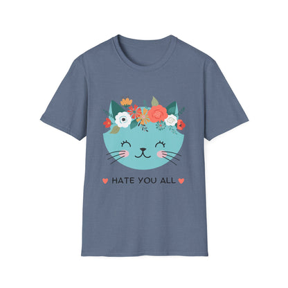 Floral Cat Graphic T-Shirt - 'Hate You All' Cute Unisex Tee