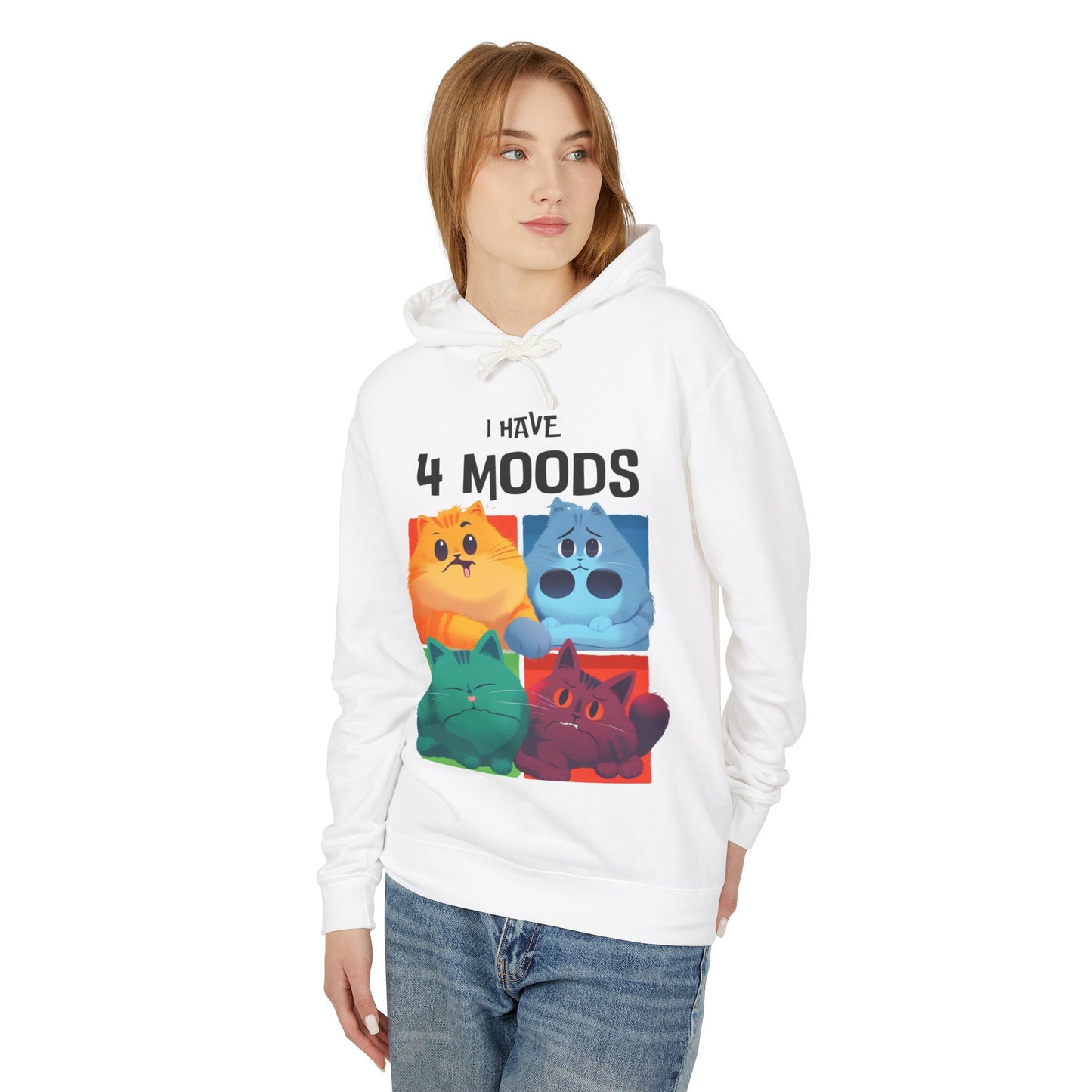 Unisex Lightweight Hooded Sweatshirt - "I Have 4 Moods" Cat Design - Perfect for Cat Lovers & Casual Wear