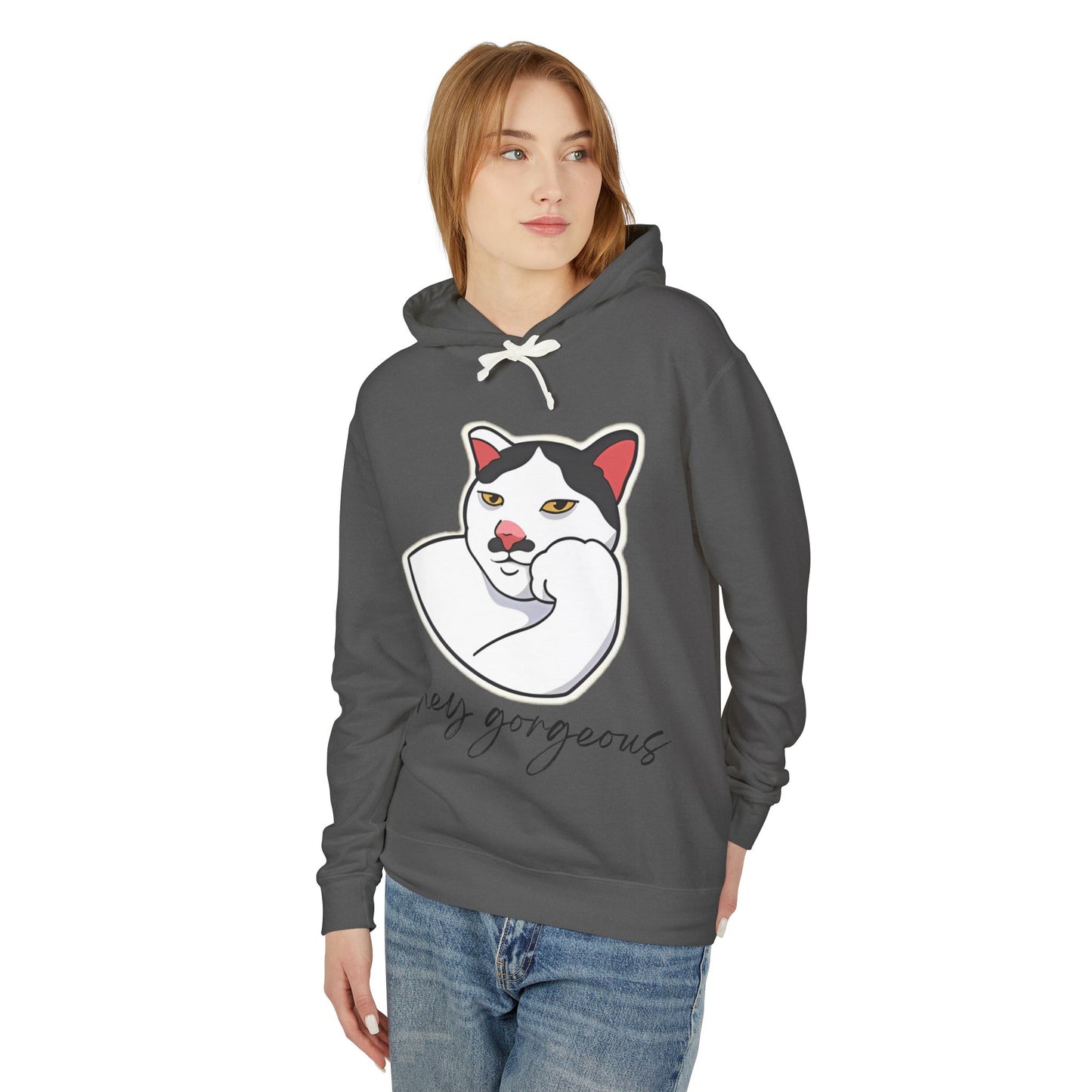 Hey Gorgeous Cat Unisex Lightweight Hoodie - Cute and Comfy Sweatshirt