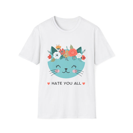 Floral Cat Graphic T-Shirt - 'Hate You All' Cute Unisex Tee