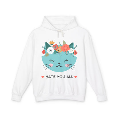 Cute Cat Floral Design Unisex Lightweight Hoodie - "Hate You All"