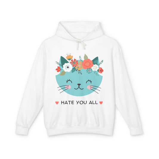 Cute Cat Floral Design Unisex Lightweight Hoodie - "Hate You All"