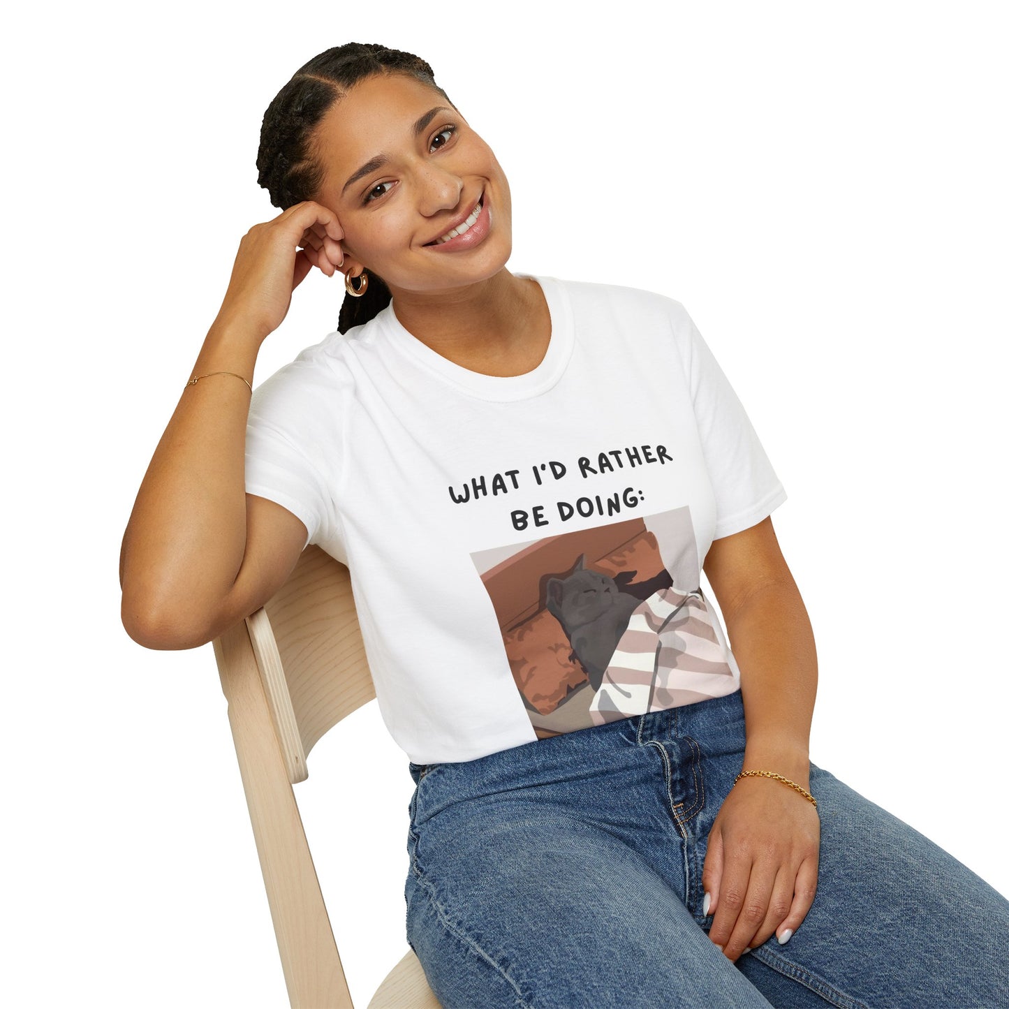 Cute Cat Sleepy Vibes Unisex Softstyle T-Shirt - "What I'd Rather Be Doing"