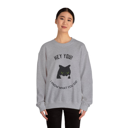 Funny Cat Crewneck Sweatshirt - 'Hey You! I Know What You Did'