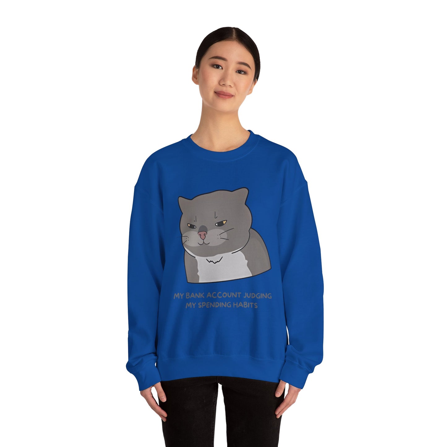 Funny Cat Motivational Crewneck Sweatshirt - My Bank Account Judging My Spending Habits