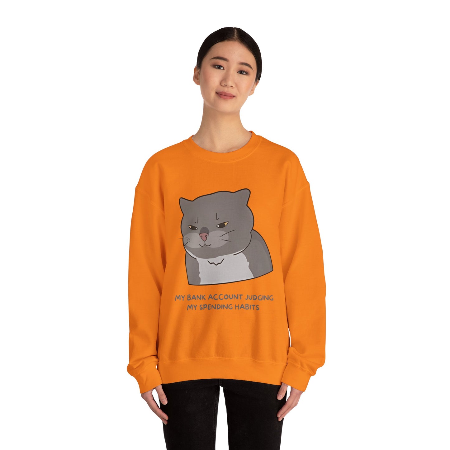 Funny Cat Motivational Crewneck Sweatshirt - My Bank Account Judging My Spending Habits