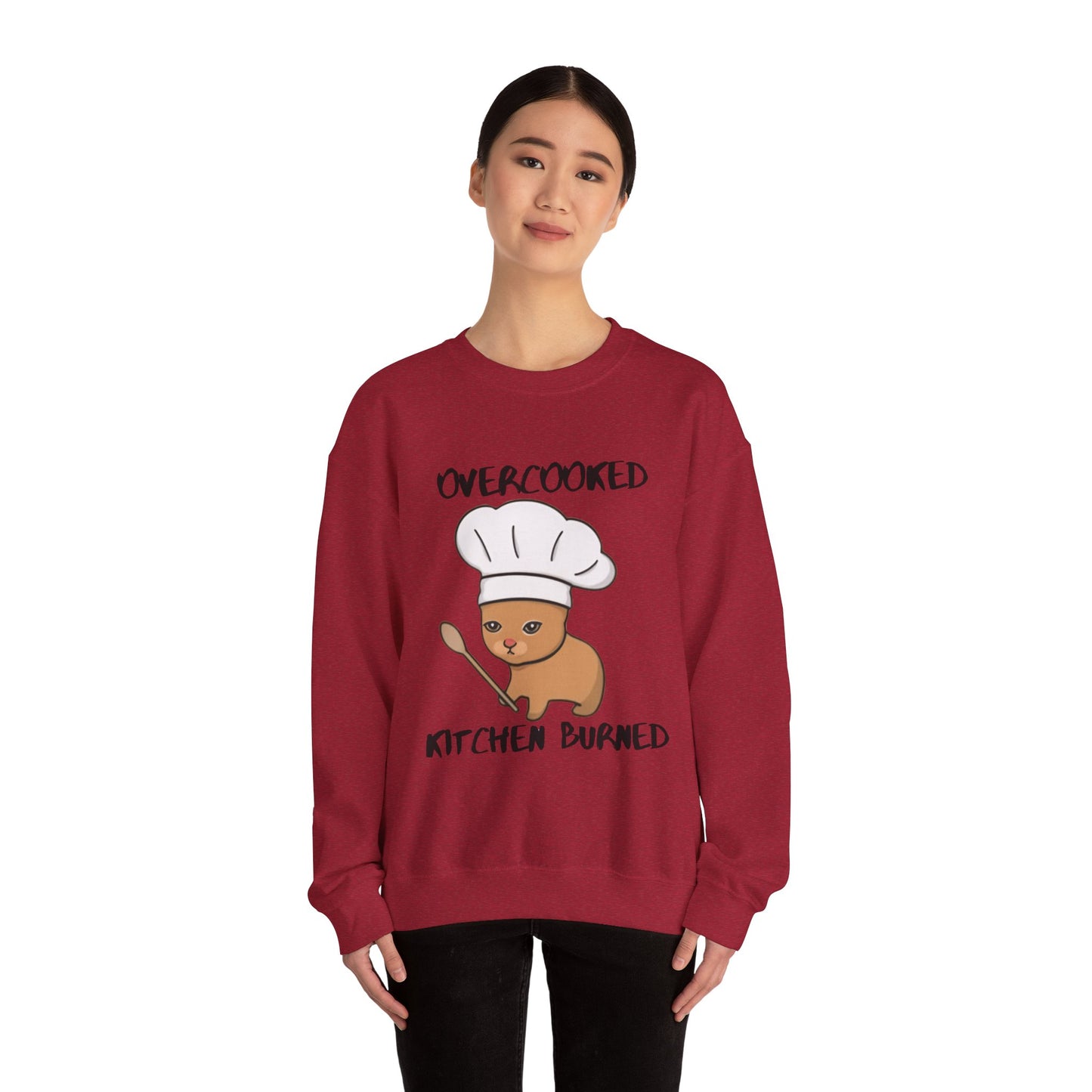 Funny Chef Cat Sweatshirt – 'Overcooked Kitchen Burned' Unisex Heavy Blend™ Crewneck