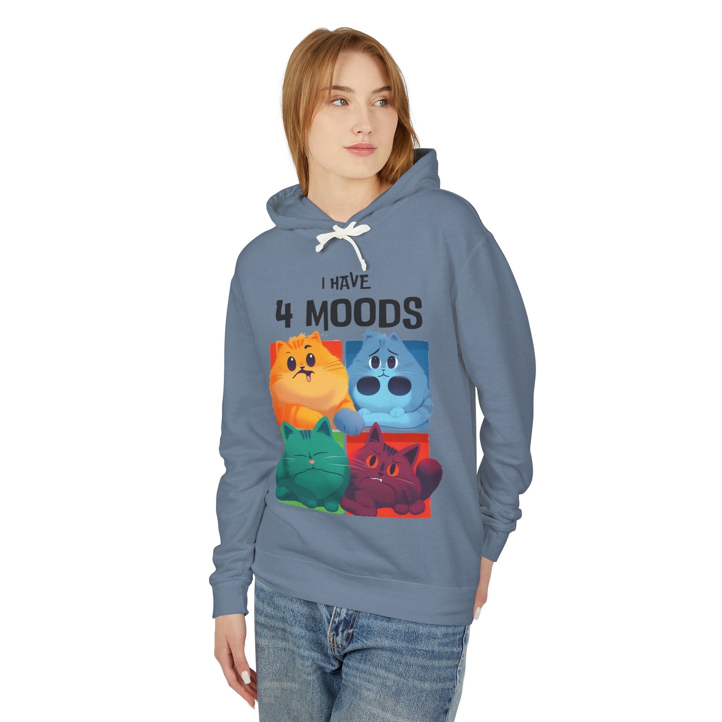 Unisex Lightweight Hooded Sweatshirt - "I Have 4 Moods" Cat Design - Perfect for Cat Lovers & Casual Wear