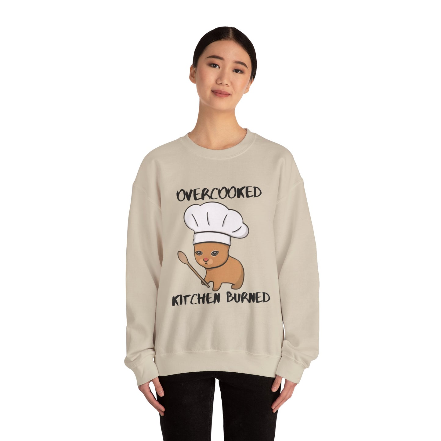 Funny Chef Cat Sweatshirt – 'Overcooked Kitchen Burned' Unisex Heavy Blend™ Crewneck