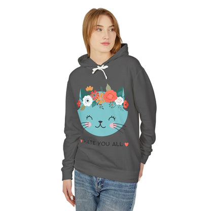 Cute Cat Floral Design Unisex Lightweight Hoodie - "Hate You All"