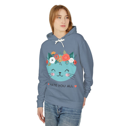 Cute Cat Floral Design Unisex Lightweight Hoodie - "Hate You All"