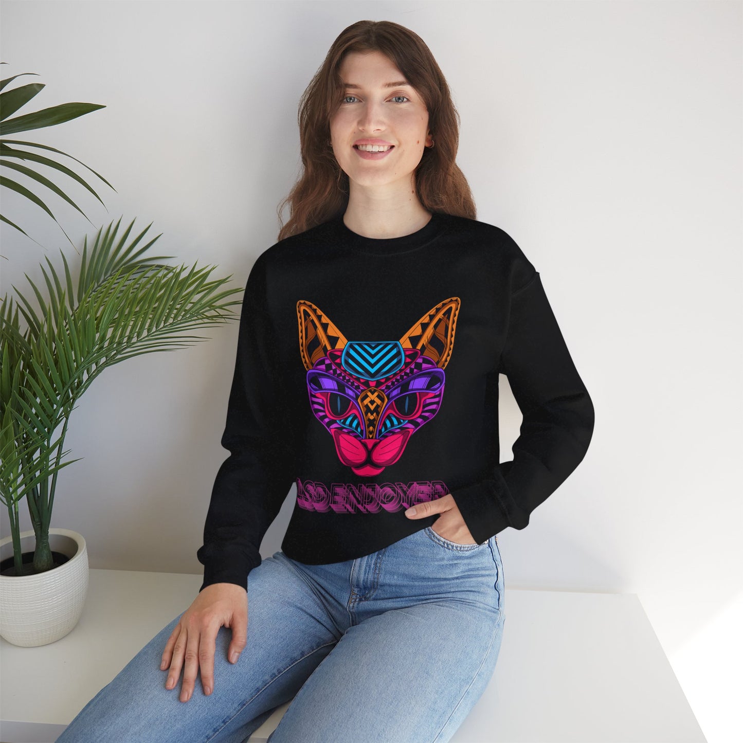 LSD ENJOYER -- Vibrant Cat Graphic Crewneck Sweatshirt - Unisex Heavy Blend