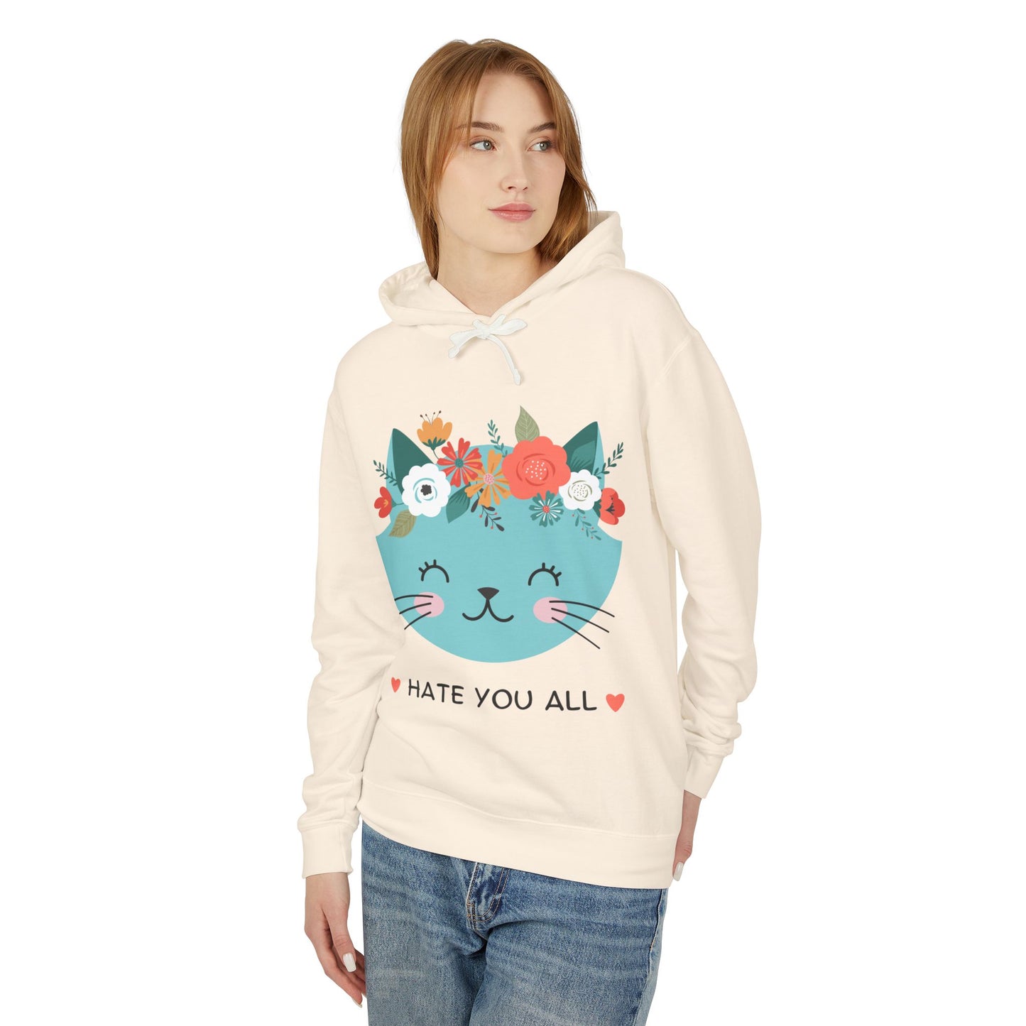 Cute Cat Floral Design Unisex Lightweight Hoodie - "Hate You All"