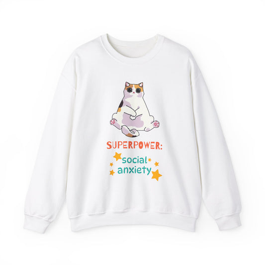 Funny Cat Sweatshirt - "Superpower: Social Anxiety" Unisex Crewneck