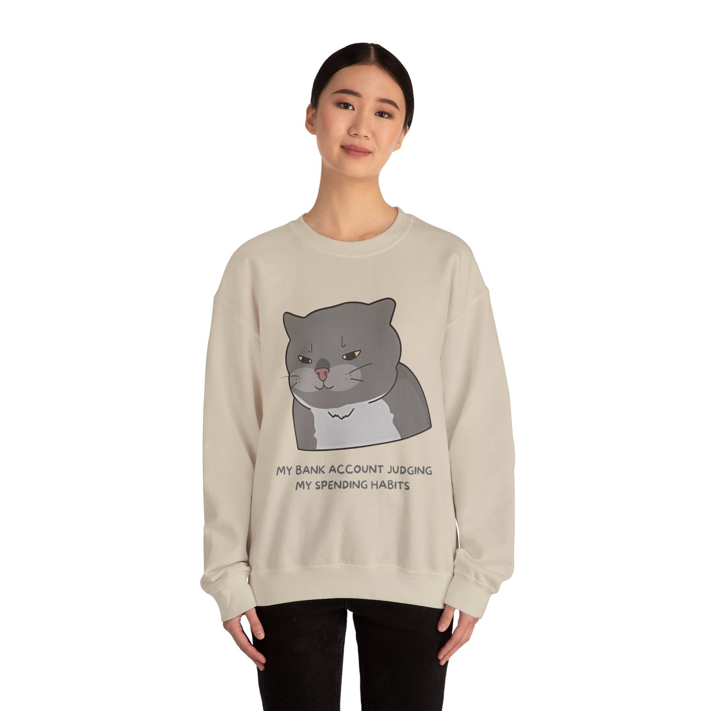 Funny Cat Motivational Crewneck Sweatshirt - My Bank Account Judging My Spending Habits