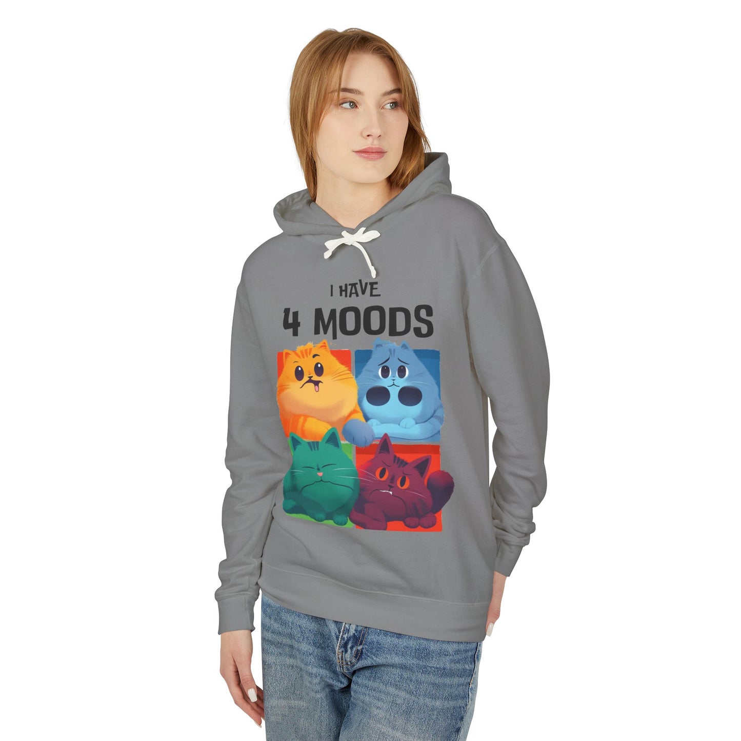 Unisex Lightweight Hooded Sweatshirt - "I Have 4 Moods" Cat Design - Perfect for Cat Lovers & Casual Wear