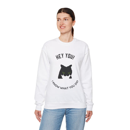 Funny Cat Crewneck Sweatshirt - 'Hey You! I Know What You Did'