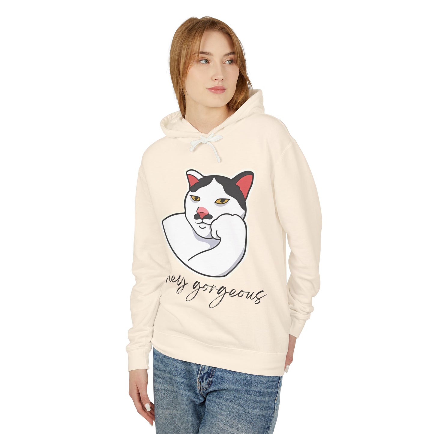 Hey Gorgeous Cat Unisex Lightweight Hoodie - Cute and Comfy Sweatshirt