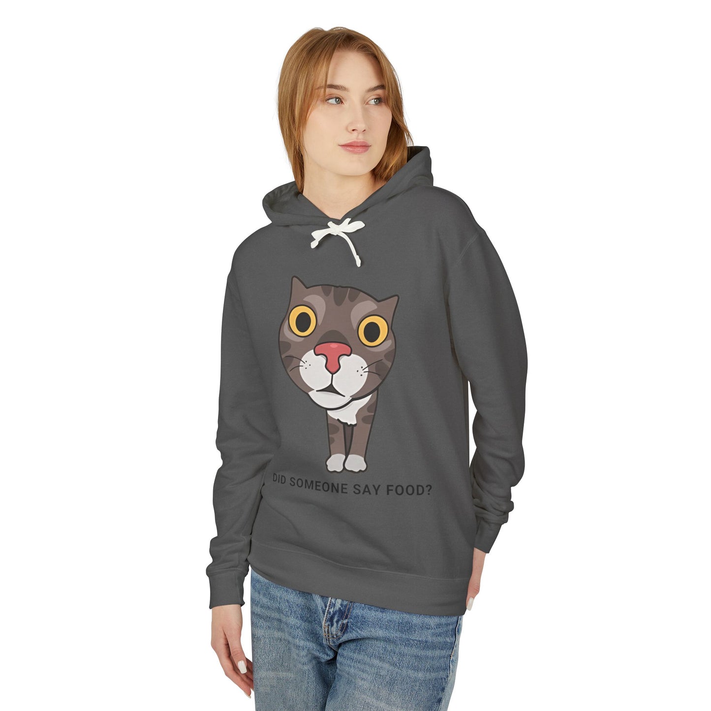 Funny Cat Hoodie - "Did Someone Say Food?" Unisex Lightweight Sweatshirt