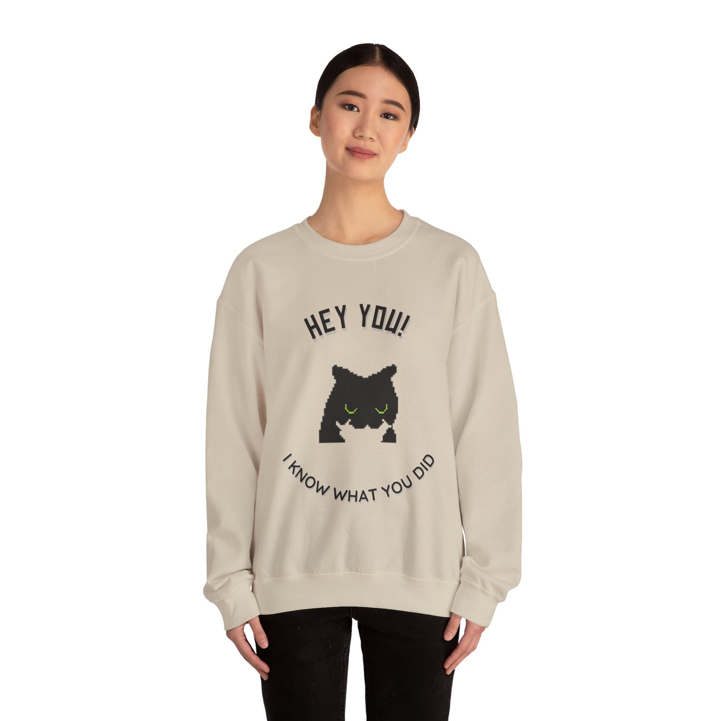 Funny Cat Crewneck Sweatshirt - 'Hey You! I Know What You Did'