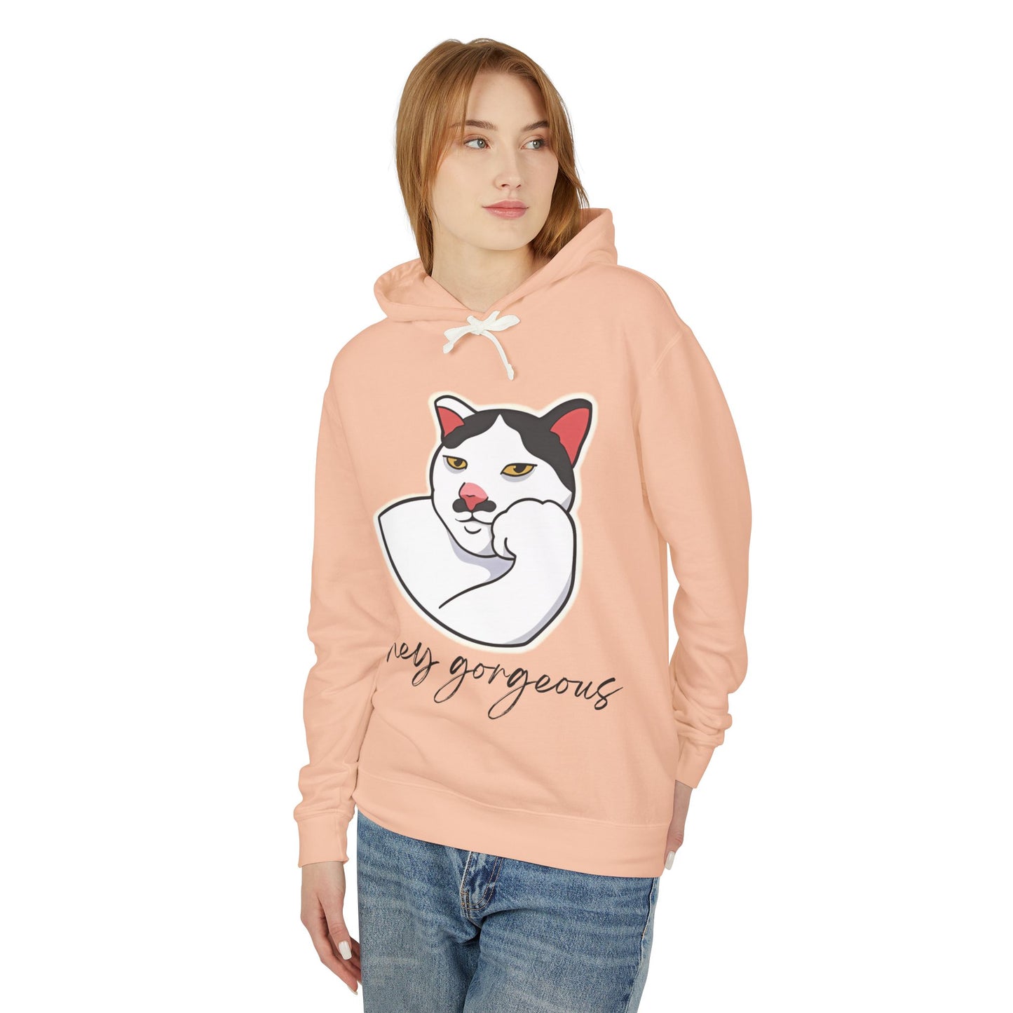 Hey Gorgeous Cat Unisex Lightweight Hoodie - Cute and Comfy Sweatshirt