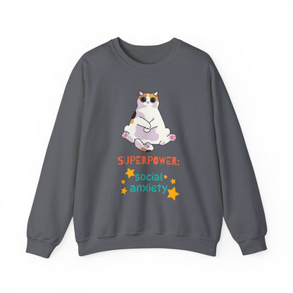 Funny Cat Sweatshirt - "Superpower: Social Anxiety" Unisex Crewneck