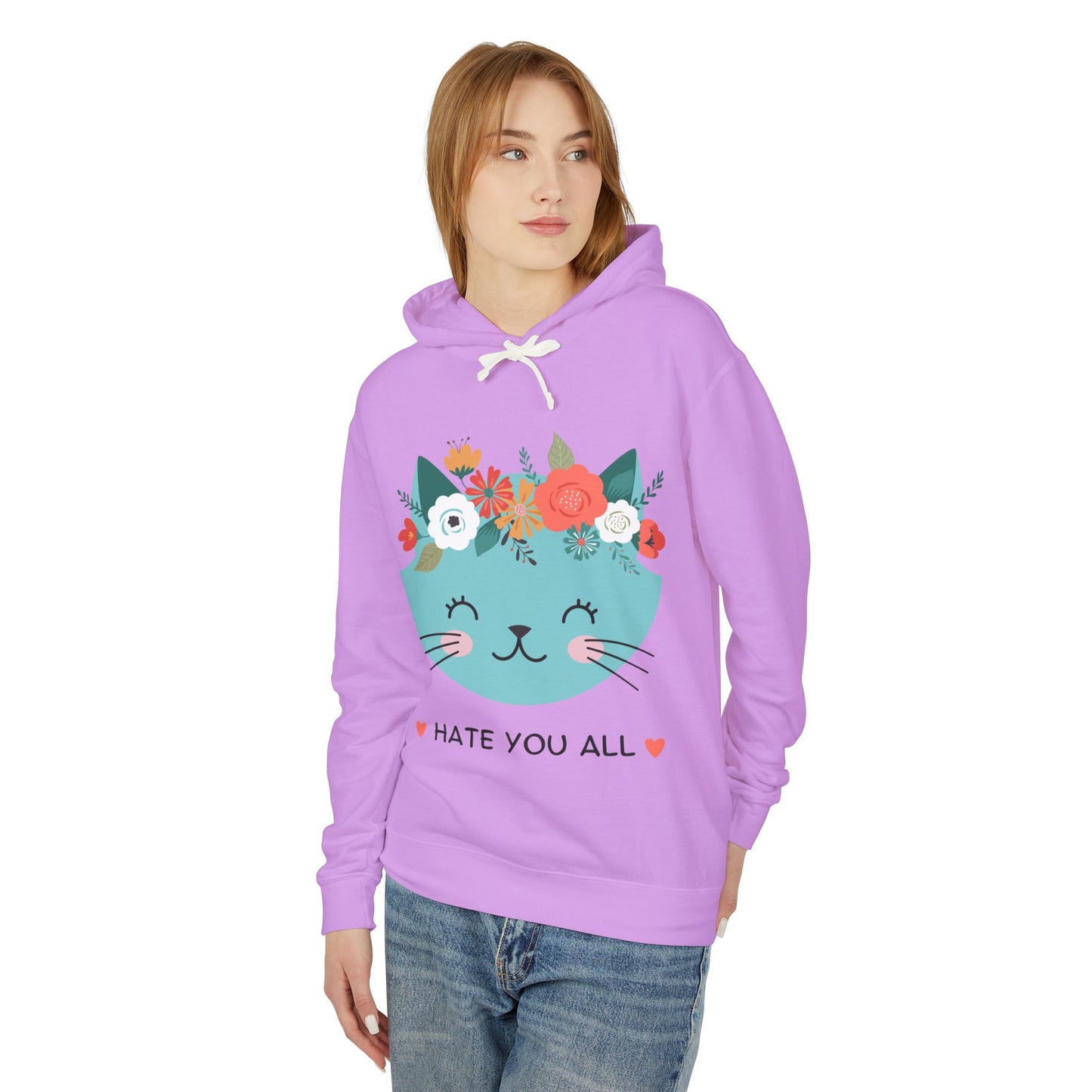 Cute Cat Floral Design Unisex Lightweight Hoodie - "Hate You All"