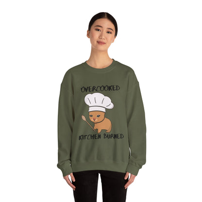 Funny Chef Cat Sweatshirt – 'Overcooked Kitchen Burned' Unisex Heavy Blend™ Crewneck