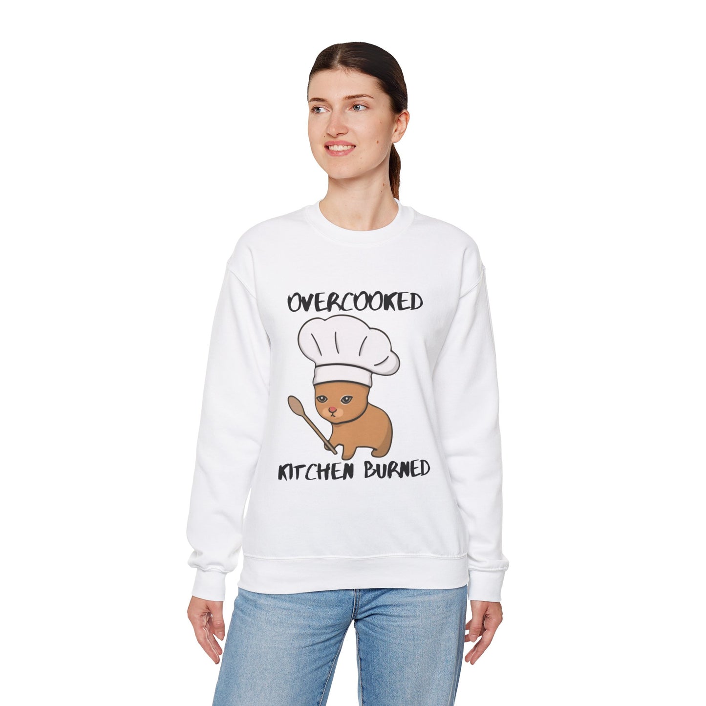 Funny Chef Cat Sweatshirt – 'Overcooked Kitchen Burned' Unisex Heavy Blend™ Crewneck