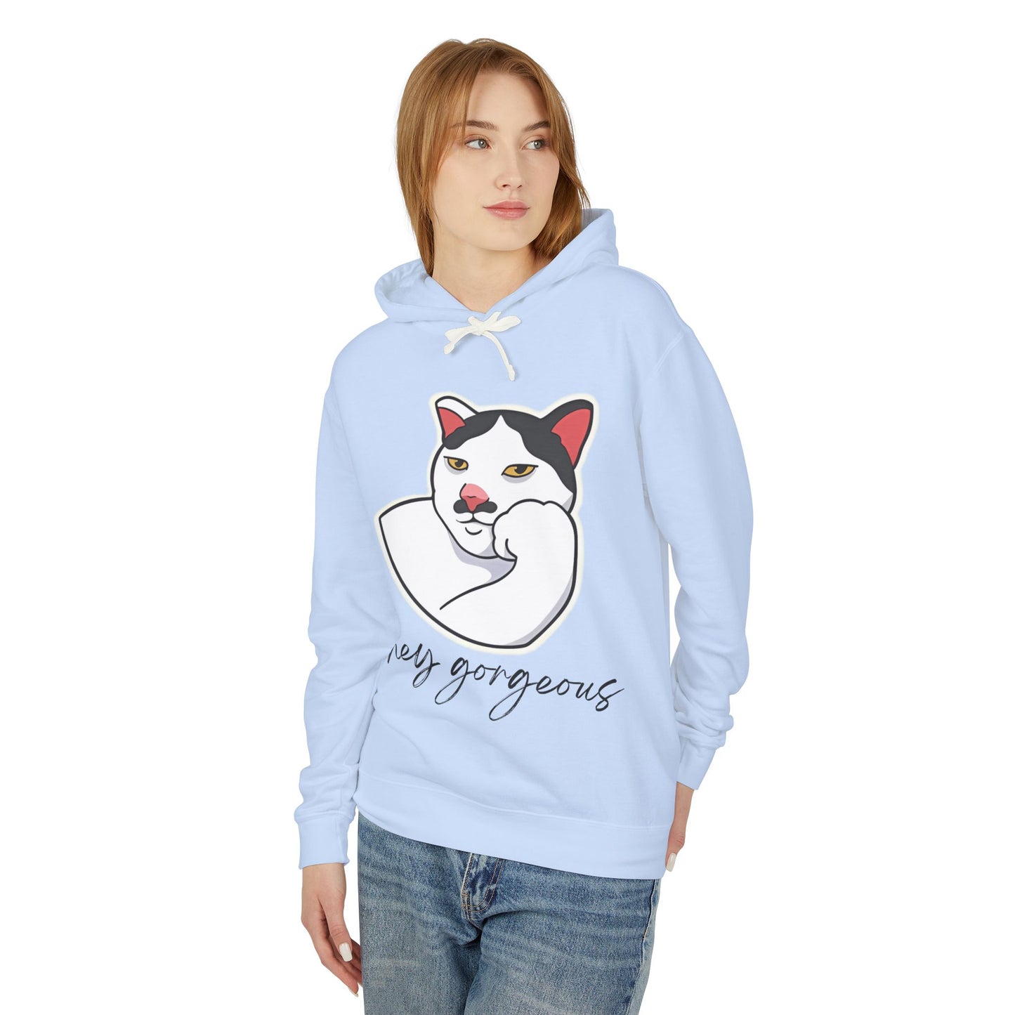 Hey Gorgeous Cat Unisex Lightweight Hoodie - Cute and Comfy Sweatshirt