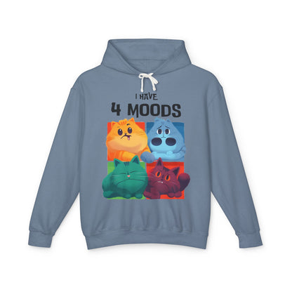 Unisex Lightweight Hooded Sweatshirt - "I Have 4 Moods" Cat Design - Perfect for Cat Lovers & Casual Wear