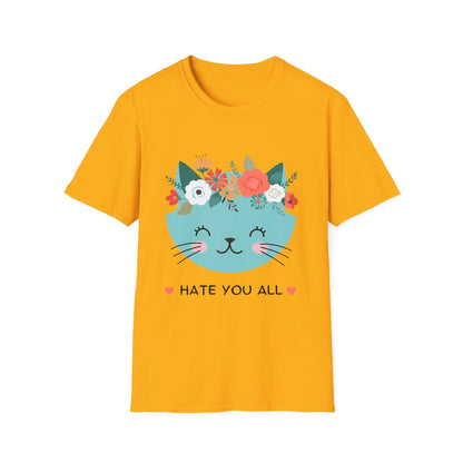 Floral Cat Graphic T-Shirt - 'Hate You All' Cute Unisex Tee