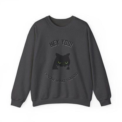 Funny Cat Crewneck Sweatshirt - 'Hey You! I Know What You Did'