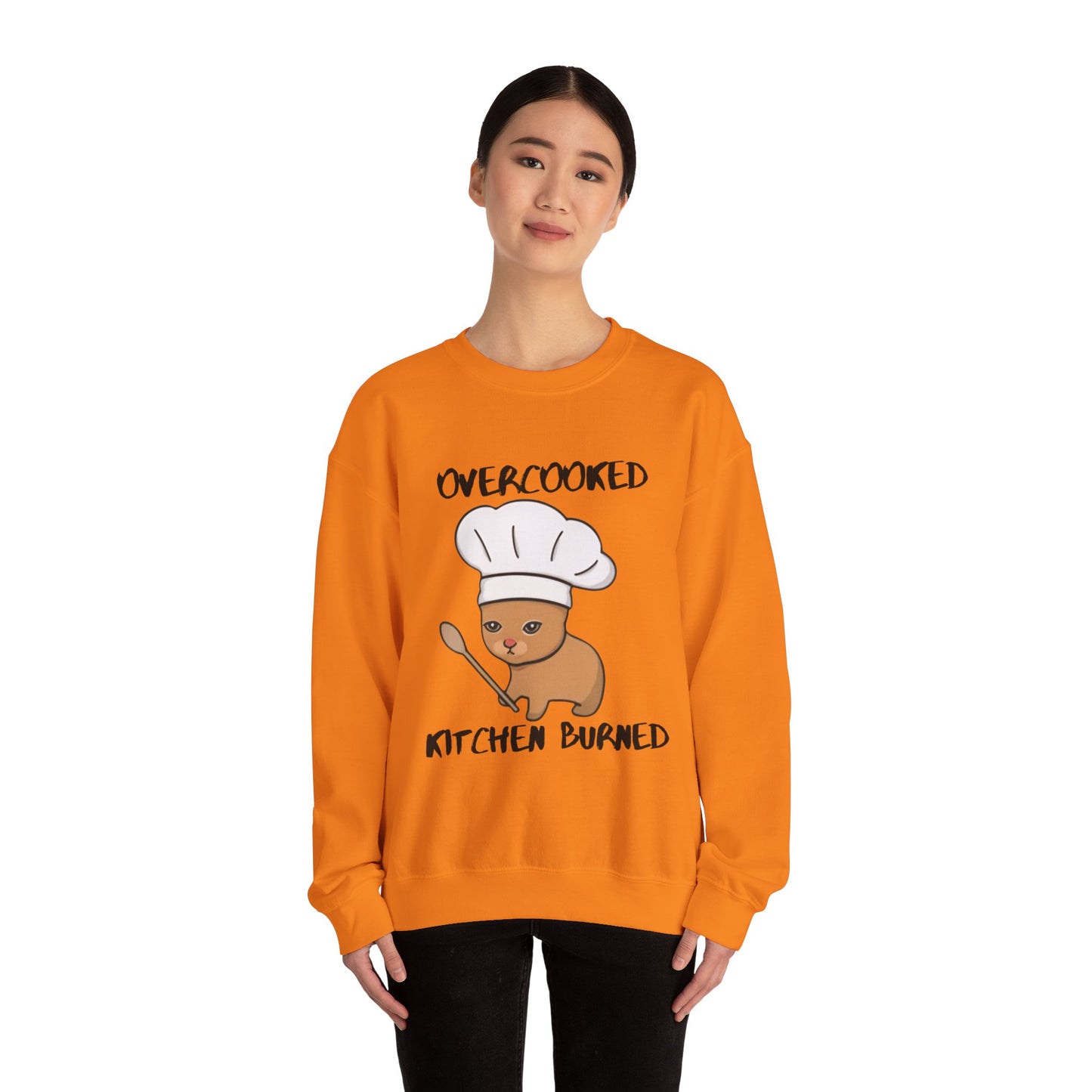 Funny Chef Cat Sweatshirt – 'Overcooked Kitchen Burned' Unisex Heavy Blend™ Crewneck