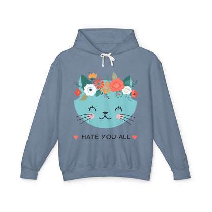 Cute Cat Floral Design Unisex Lightweight Hoodie - "Hate You All"