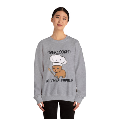 Funny Chef Cat Sweatshirt – 'Overcooked Kitchen Burned' Unisex Heavy Blend™ Crewneck