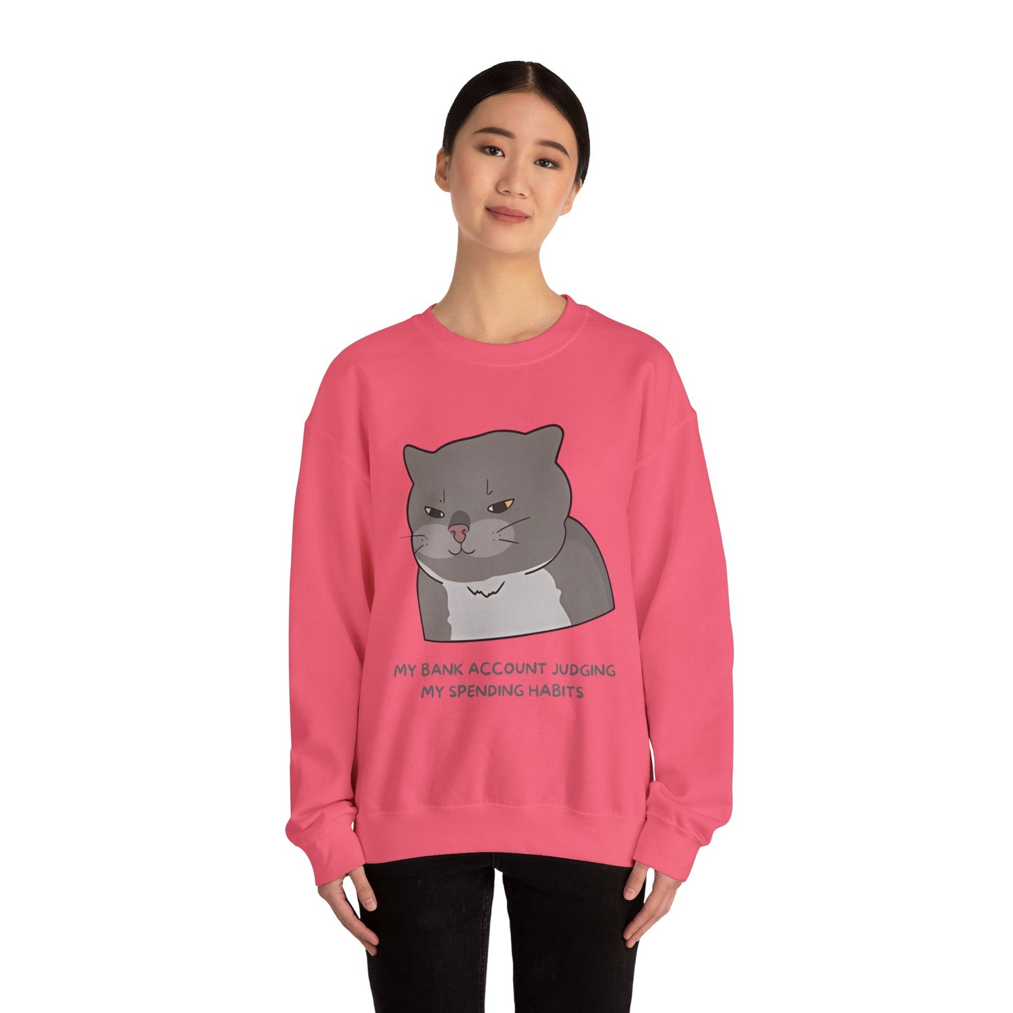 Funny Cat Motivational Crewneck Sweatshirt - My Bank Account Judging My Spending Habits