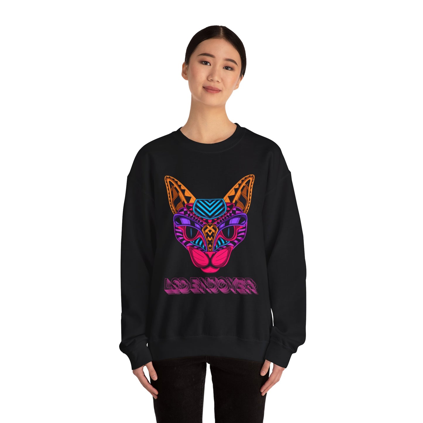 LSD ENJOYER -- Vibrant Cat Graphic Crewneck Sweatshirt - Unisex Heavy Blend