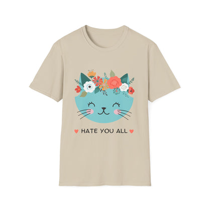 Floral Cat Graphic T-Shirt - 'Hate You All' Cute Unisex Tee